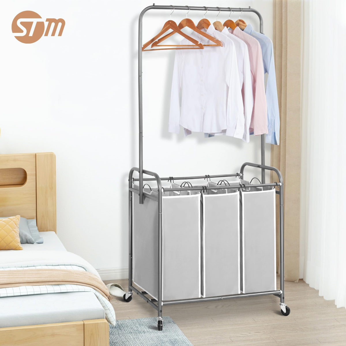 STORAGE MANIAC 136L Laundry Sorter with Hanging Bar, Portable, Removable Laundry Hamper Cart with Heavy Duty Rolling Lockable Wheels and Removable Bags, Rolling Laundry Basket Organizer, 3 Section
