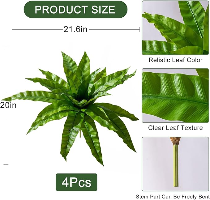 4 Pcs Artificial Greenery Stems Fake Bird Nest Fern Faux Branches Artificial Plants Realistic Fake Dracaena Realistic Plants for Indoor Outdoor Porch Patio Home Office Living Room Decor (Bright Green)