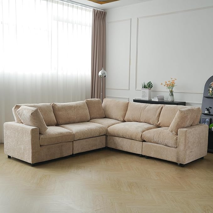 JACH V Shape Sectional Couches for Living Room, Deep Seat Convertible Modular Sofa, Cloud Sectional Couch, Sofa Covers Washable, Minimalist Couch for Living Room, Apartment, Khaki