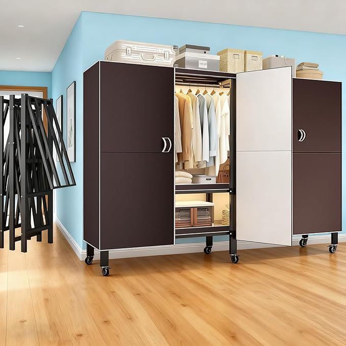 Foldable Portable Armoire Wardrobe Closet for Hanging Clothes Rack, Heavy Duty Covered Clothes Rack with Cover(HARDBOARD Magnetic), Closet Garment Rack for Bedroom Storage (KT Coffee, 66.14in)