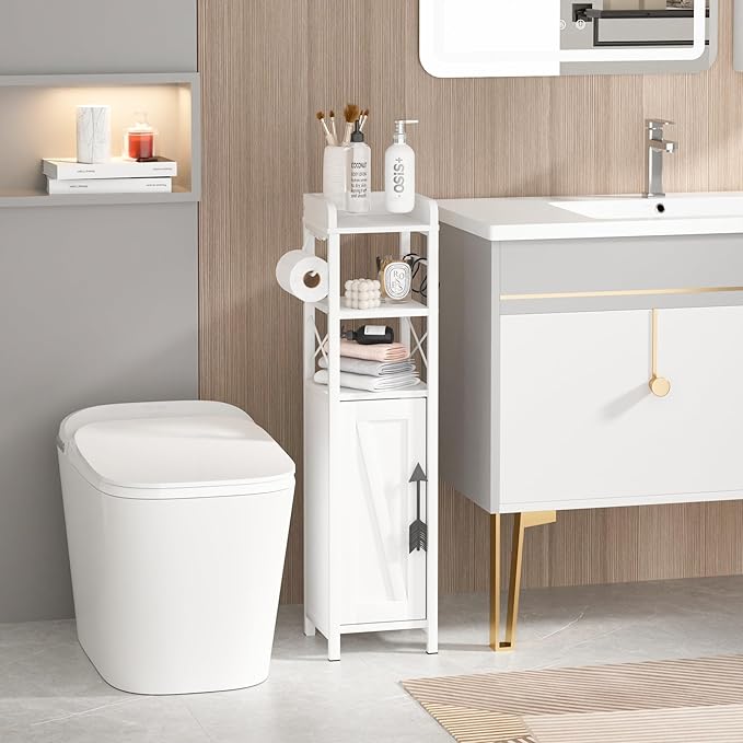 VECELO Small Bathroom Cabinet,Slim Toilet Paper Holder with Door & 2 Shelves,Narrow Storage Organizers Fenced Top Waterproof Coating for Restroom Bathroom in Tiny Space,White