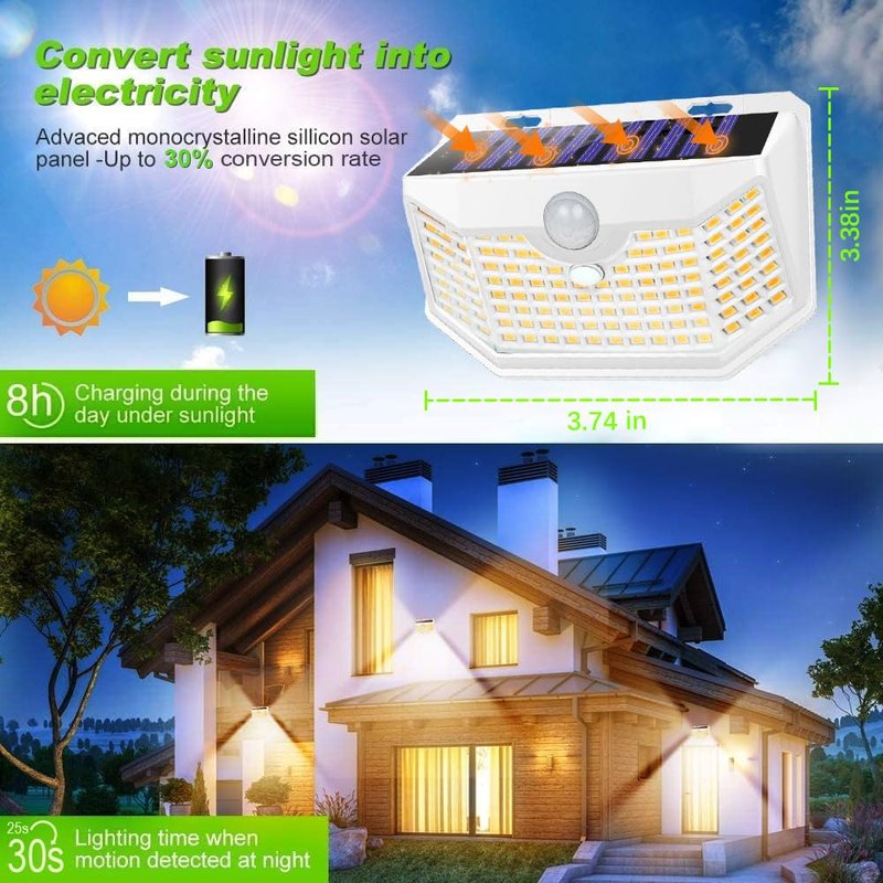 HMCITY 120 LED Solar Lights Outdoor with Motion Sensor and 3 Lighting Modes, IP65 Waterproof Wide Solar Wall Lights Ideal for Garden Patio Yard (Front Button 8Packs, White Shell-Warm White)