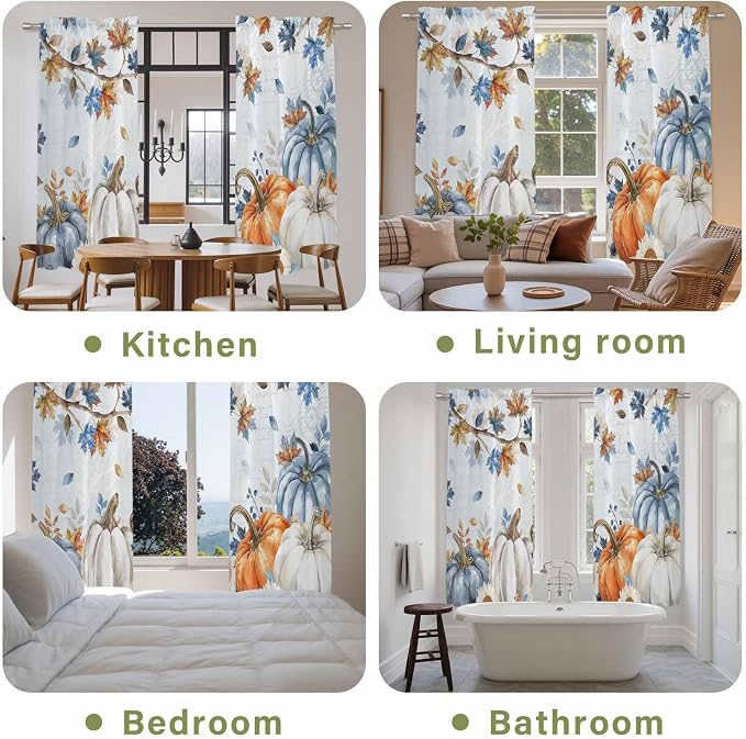 Fall Blue Maple Window Curtains 72 Inch Long 2 Panel Set, Rod Pocket Long