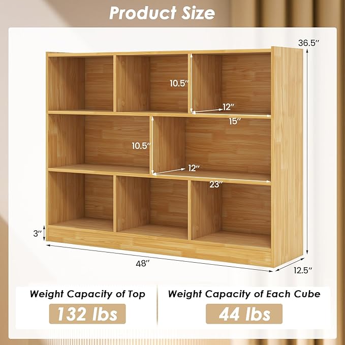 NAFORT 8-Cube Organizer Storage Cabinet, 3-Tier Bookshelf,Low Displaycase, Wooden Bookcase for Bedroom/Preschook/Classroom/Office, Burlywood