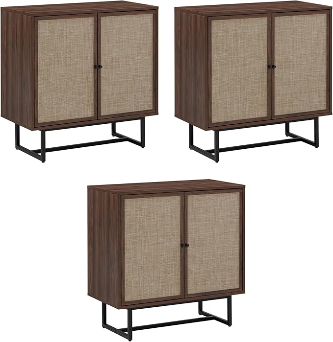 Nathan James Kova Bohemian Rattan Sideboard or TV Stand, Wooden Storage Cabinet with Doors, Walnut Sideboard Buffet or Rattan Accent Storage Cabinet with Matte Black Legs, Set of 3