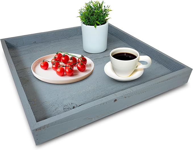 Wooden Ottoman Tray with Felt Pad – Decorative Couch Serving Tray Made with Real Rustic Reclaimed Wood - Perfect for Living Room Ottomans, Sofas, & Coffee Tables -18" x 18"- Slate Blue