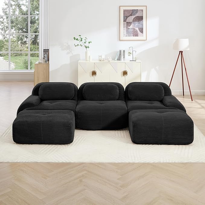 116" Modern Compressed Boneless Couch with Ottoman, 3 Seater Large U Shaped Sectional Couches for Living Room, Black Corduroy Cloud Modular Sectional Sofa, Memory Foam, Extra Deep, No Assembly