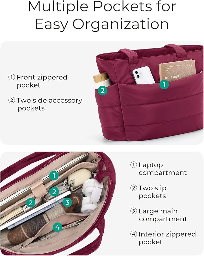 BAGSMART Tote Bag for Women, Lightweight Puffy Tote Bag with Compartments Shoulder Bag Handbag for Travel, Work, Gym | Lightweight, Puffy, Quilted, for Travel, Work