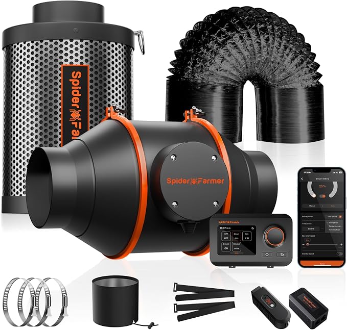 Spider Farmer Smart Air Filtration Kit 4", Inline Duct Fan, GGS Temperature