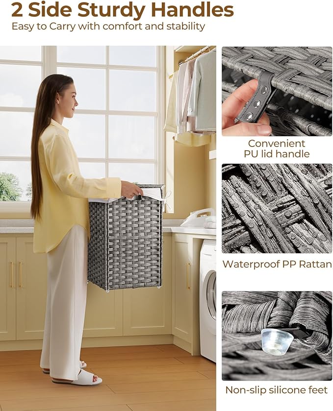 Greenstell Laundry Hamper with Lid, 60L Clothes Hamper with 2 Removable Liner Bags & 2 Mesh Laundry Bags, Handwoven Synthetic Rattan Laundry Basket for Clothes, Toys in Bathroom, Bedroom Grey