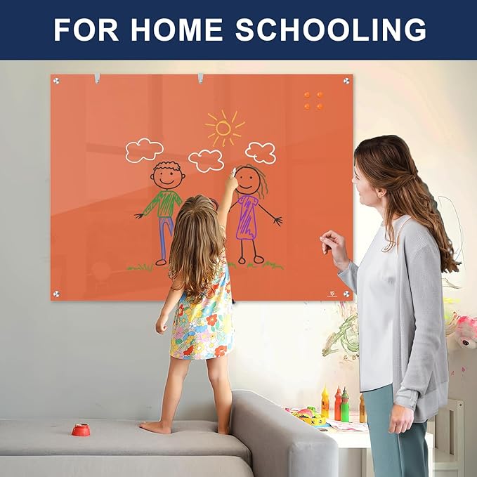 TSJ OFFICE Glass Dry-Erase Board - 48 x 36 Inches Wall Mounted Magnetic Whiteboard, Large Frameless Glass White Board for Office, Home & School, Orange