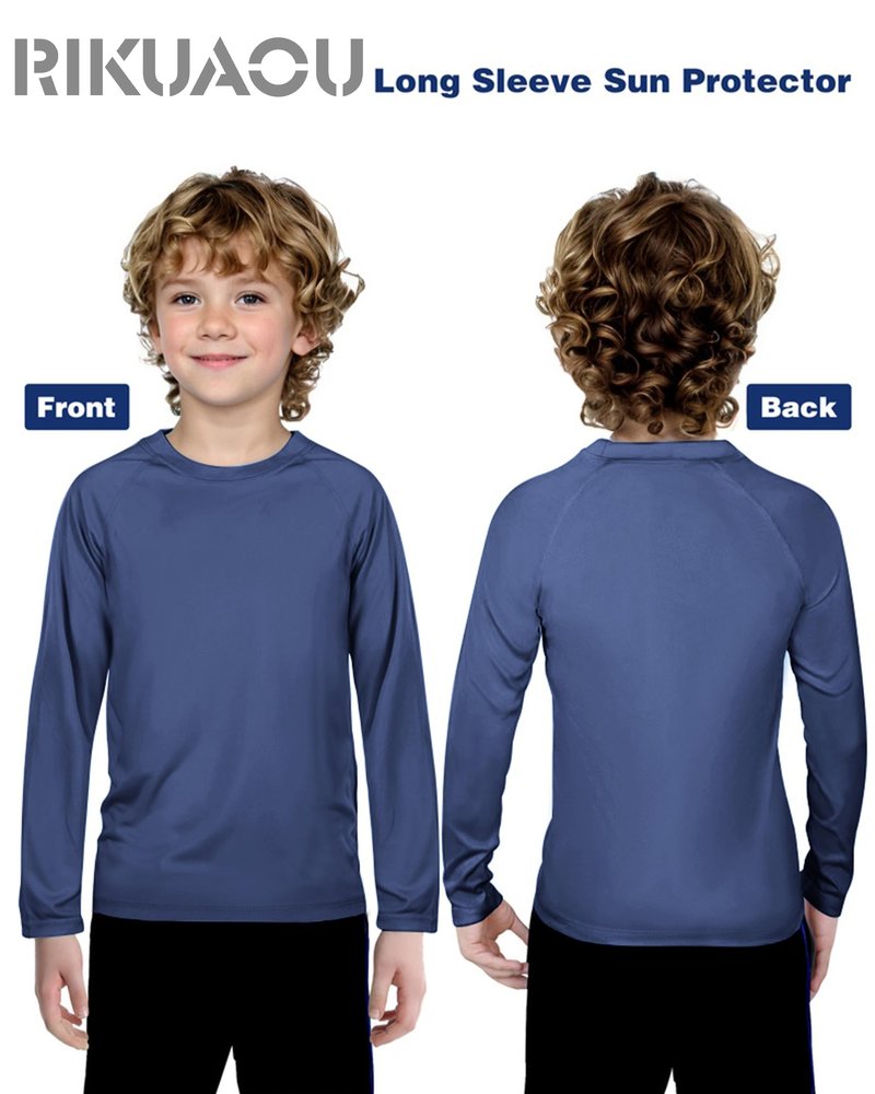 Boys UPF 50+ Rash Guard Swim Shirt, Kids Youth Long Sleeve Sun Protection UV Rashguard Shirts for Water Surfing Beach Deep Sea Blue