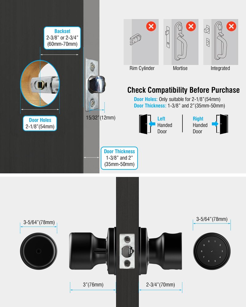 ADWUMAONG 5-in-1 Smart Fingerprint Door Knob with Keypad, Bluetooth/APP Control, Keyless Entry Door Lock, Easy No-Drill Installation for Front Door, Bedroom, Office