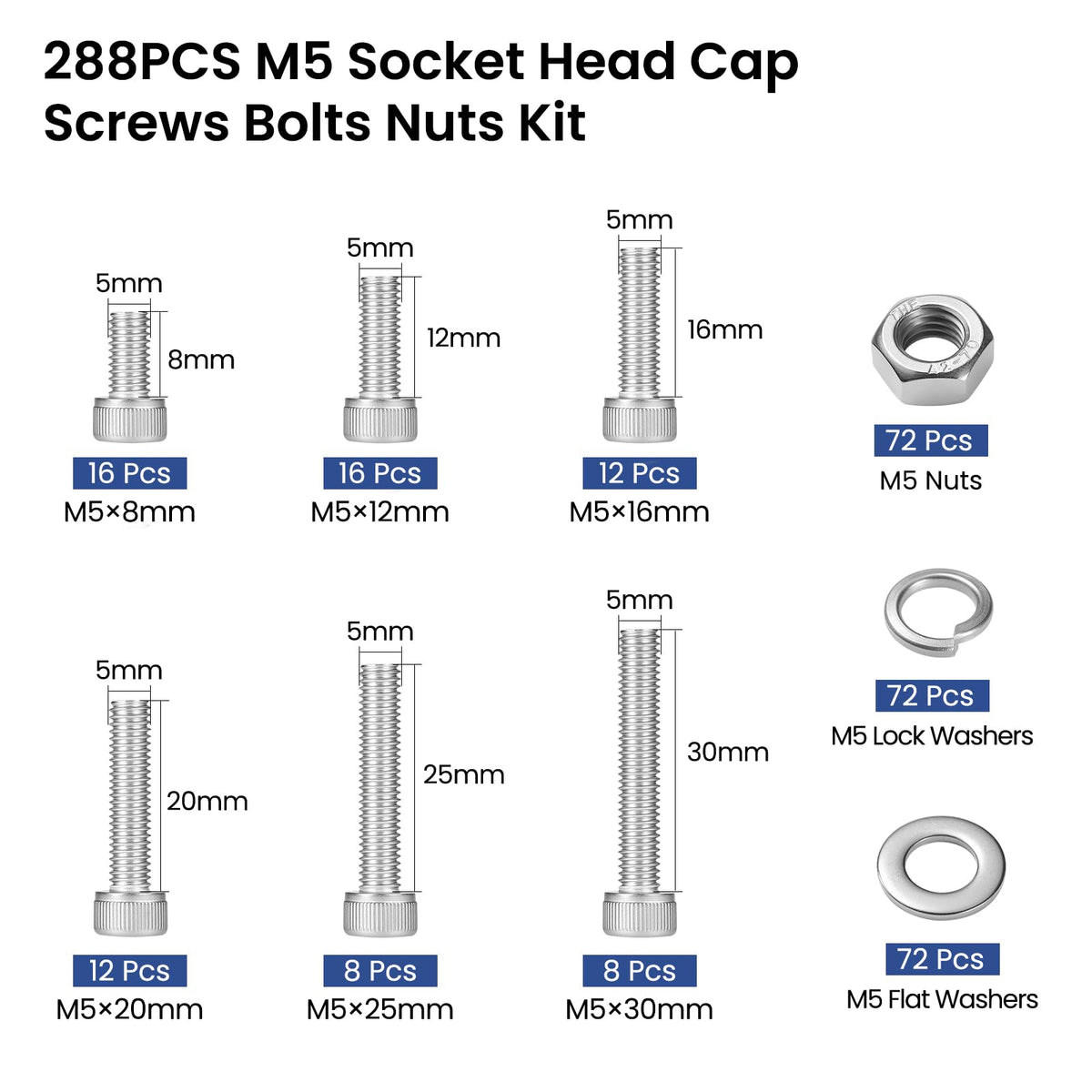 BNUOK 288 PCS M5 Screws Assortment Kit, 304 Stainless Steel M5 Bolts Kit, M5x 8/12/16/20/25/30mm, Hex Socket Head Cap Screws Bolts Nuts Washers Set