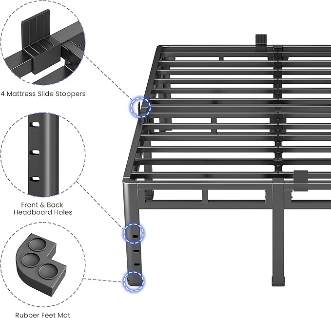 NKZ 24 Inch Queen Size Bed Frame, Metal Bed Frame & Box Spring 2 in 1 Platform with Round Corner Legs, 4000Lbs Heavy Duty Metal Frame, Mattress Slide Stopper, Headboard Hole, Noise-Free, Easy Assembly