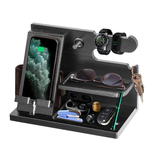 Gifts for Men, Fathers Day Wood Phone Docking Station for Men, Desk or Nightstand Organizer, Mens Gifts for Husband, Birthday Gifts for Men,Gifts for Fathers Day, Key Holder Wallet, Watch & Essentials