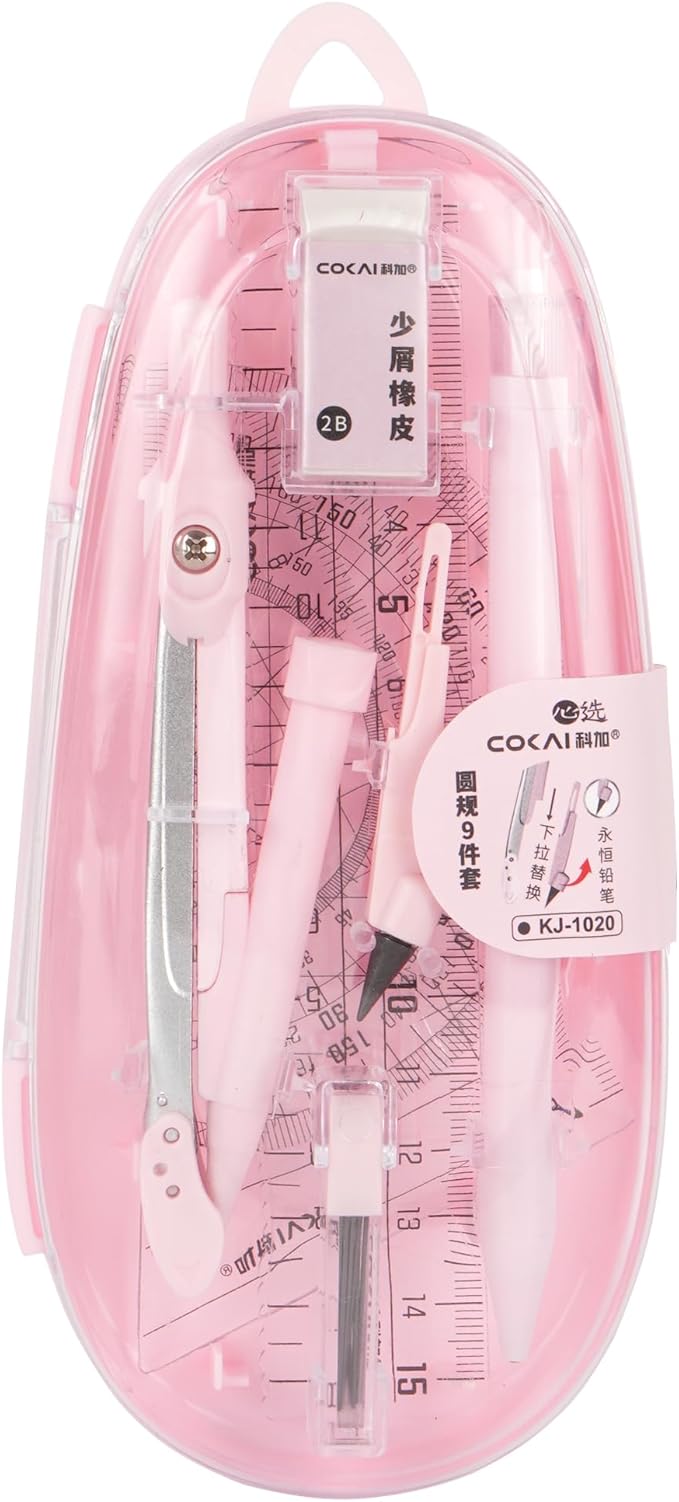 LABANCA 8 Pcs Compass Set with Protractor Rulers Pencil for Math Geometry (08373 Pink)