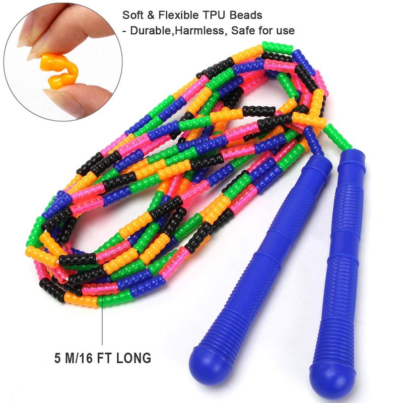 Coolrunner 16 FT Long Jump Rope(2 PACK), Double Dutch Jump Ropes, Soft Beaded Skipping for Kids Adults, Plastic Segmented Long Enough for 4-5 Jumpers(Rainbow) (Style 1) (Green) (Blue) (Blue) ﻿