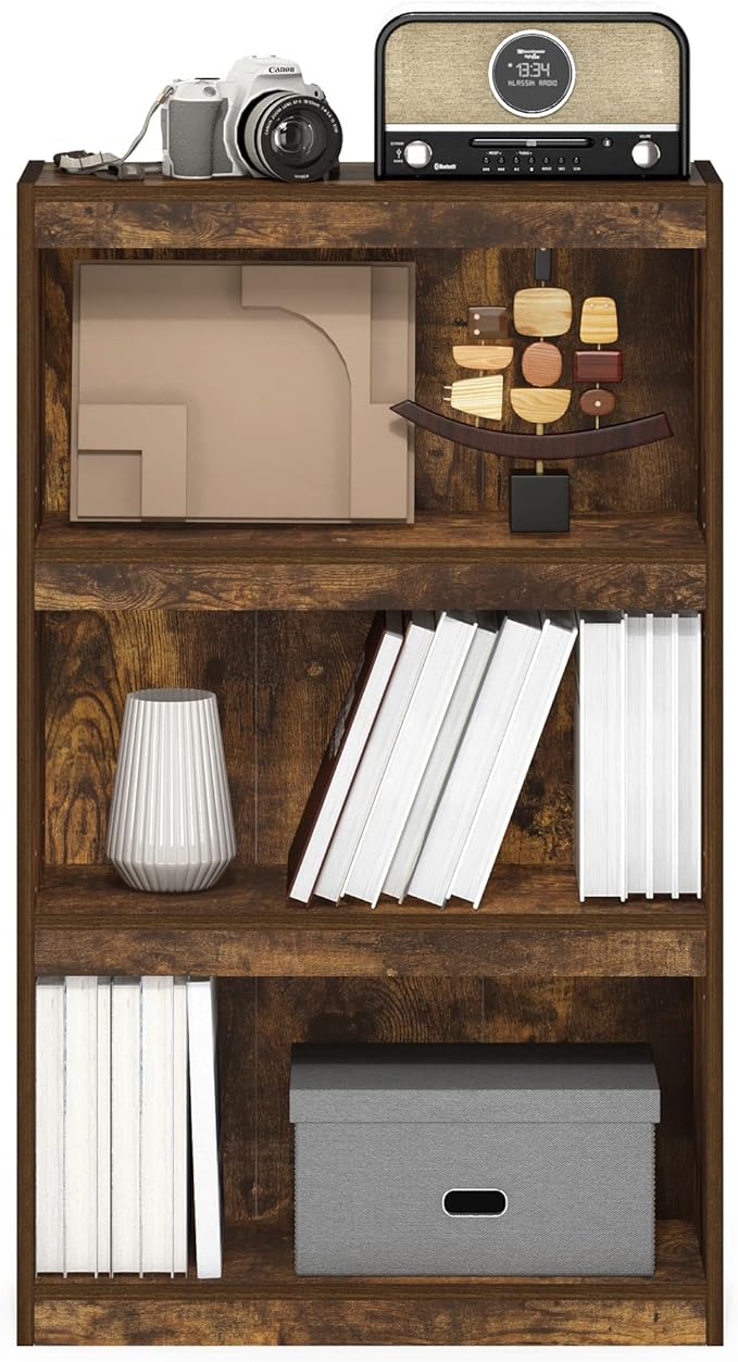 Furinno Jaya Book Shelf, 3-Tier Modern Bookshelf with Adjustable Shelf, Bookcase with Open Shelf, 9.5 x 24.5 x 40.3, for Organization and Storage, for Living Room, Bedroom, Home Office, Amber Oak