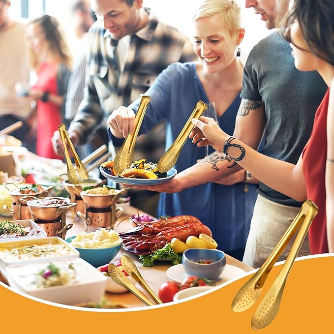 Elesunory 8 PCS Serving Tongs 9 Inch, Gold Tongs for Serving Food, Stainless Steel Tongs for Serving, Serving Utensils Cooking Clips for Buffet, Appetizer, Dessert, Parties