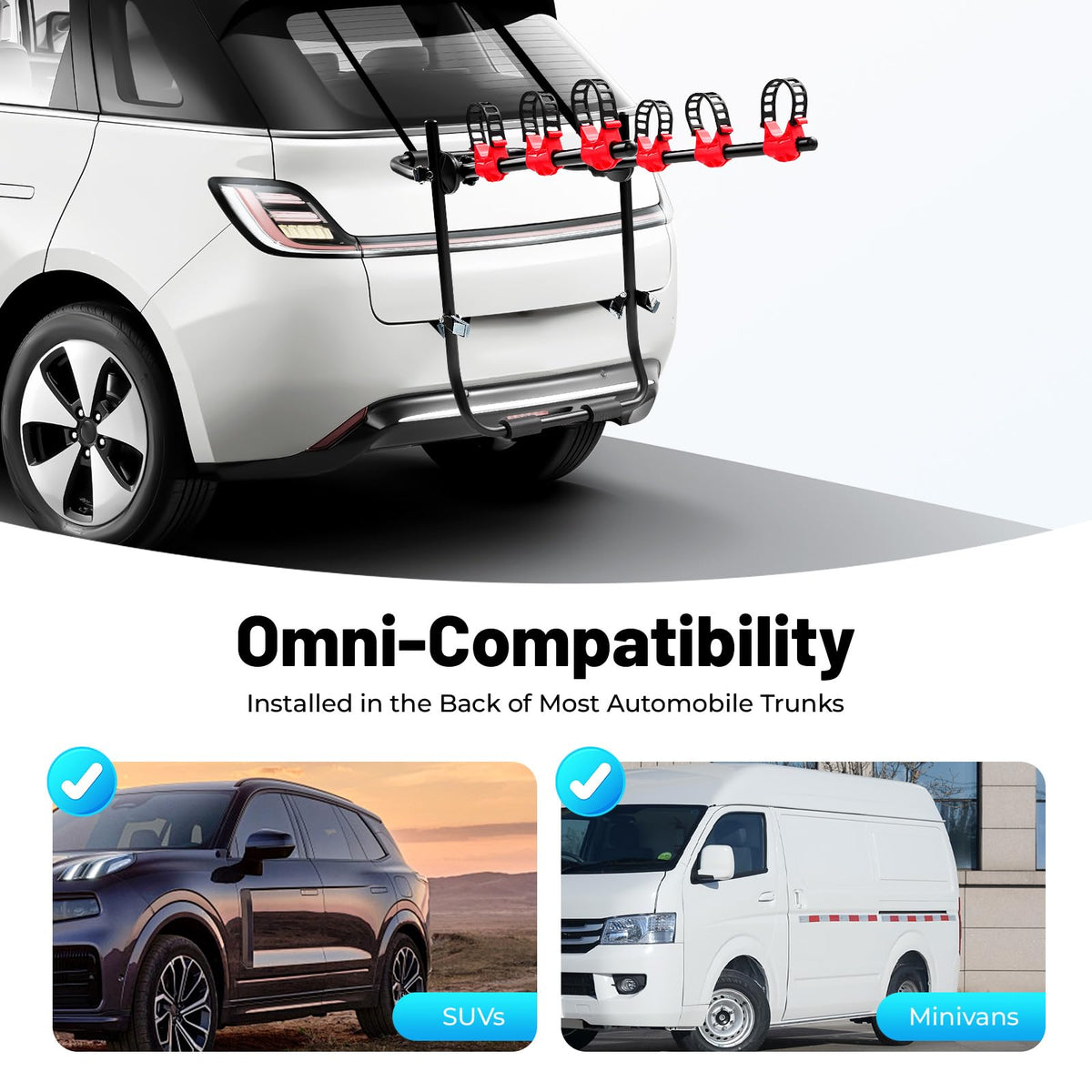 Gbonklong Car Bicycle Rack 3-Bike, 44LBS Load Capacity Vehicle Trunk Mount Bike Rack for Car Frame Foldable Bicycle Carrier Holder, Trunk Mount Rack for Most Cars SUV Sedan Hatchback Minivan