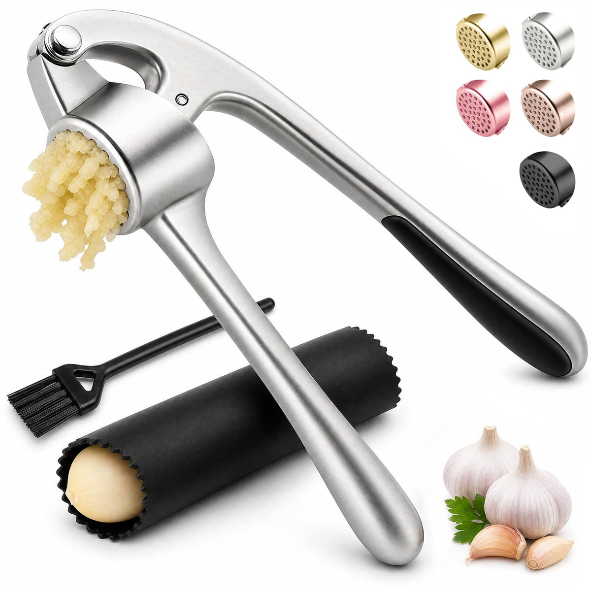 Kitchen Garlic Press, Rust Proof & Dishwasher Safe Garlic Mincer, Durable Garlic Crusher Set with Peeler＆Brush, Easy to Clean and Squeeze, Rose