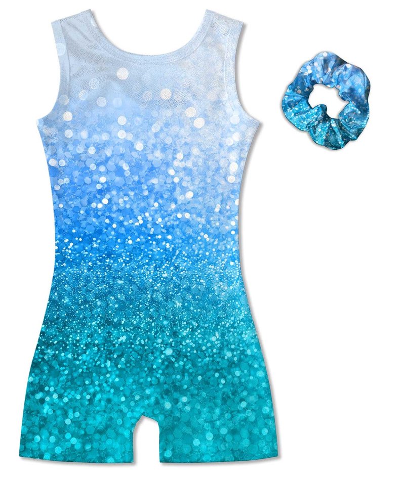 Vogseek Gymnastic Leotards for Girls 6 Years Blue Spakle Dots Tumbling Outfits with Matching Scrunchie 2 Piece Quick Dry Sleeveless Classic Dance Unitards Size 7