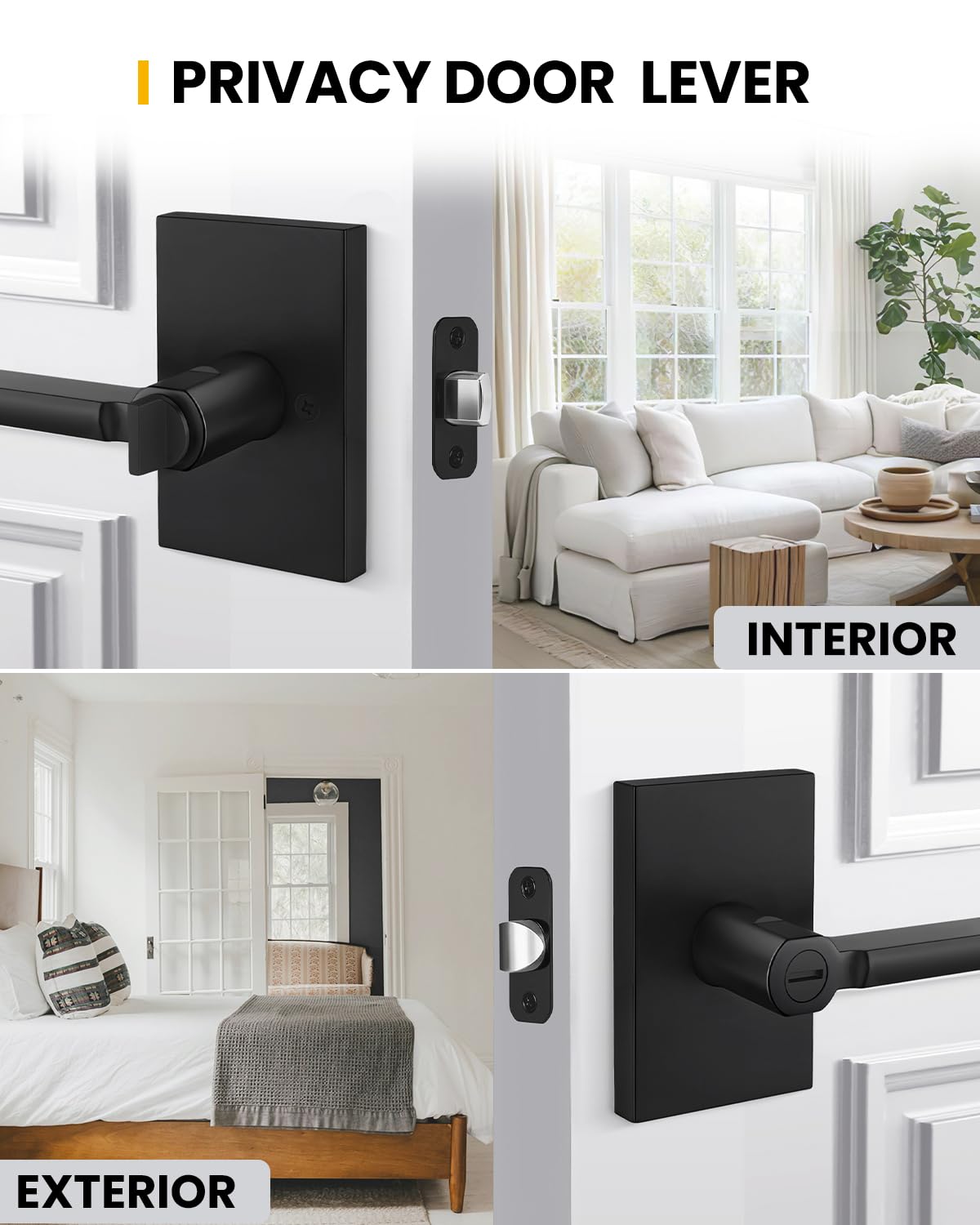 Goldenwarm Black Door Handles Interior,Matte Black Privacy Door Handle for Bedroom Bathroom, Keyless Door Lever Adjustable & Reversible,4 Pack