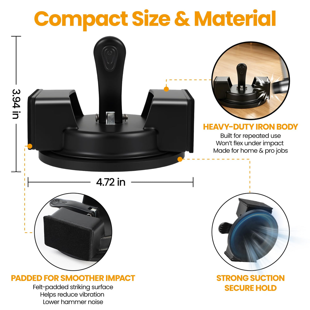 Iron Floor Gap Fixer Tool with Suction Cup, Dual Striking Heads & 4 Adhesive Pads, Floor Gap Tool for Laminate, Hardwood, Tile & Vinyl Floors