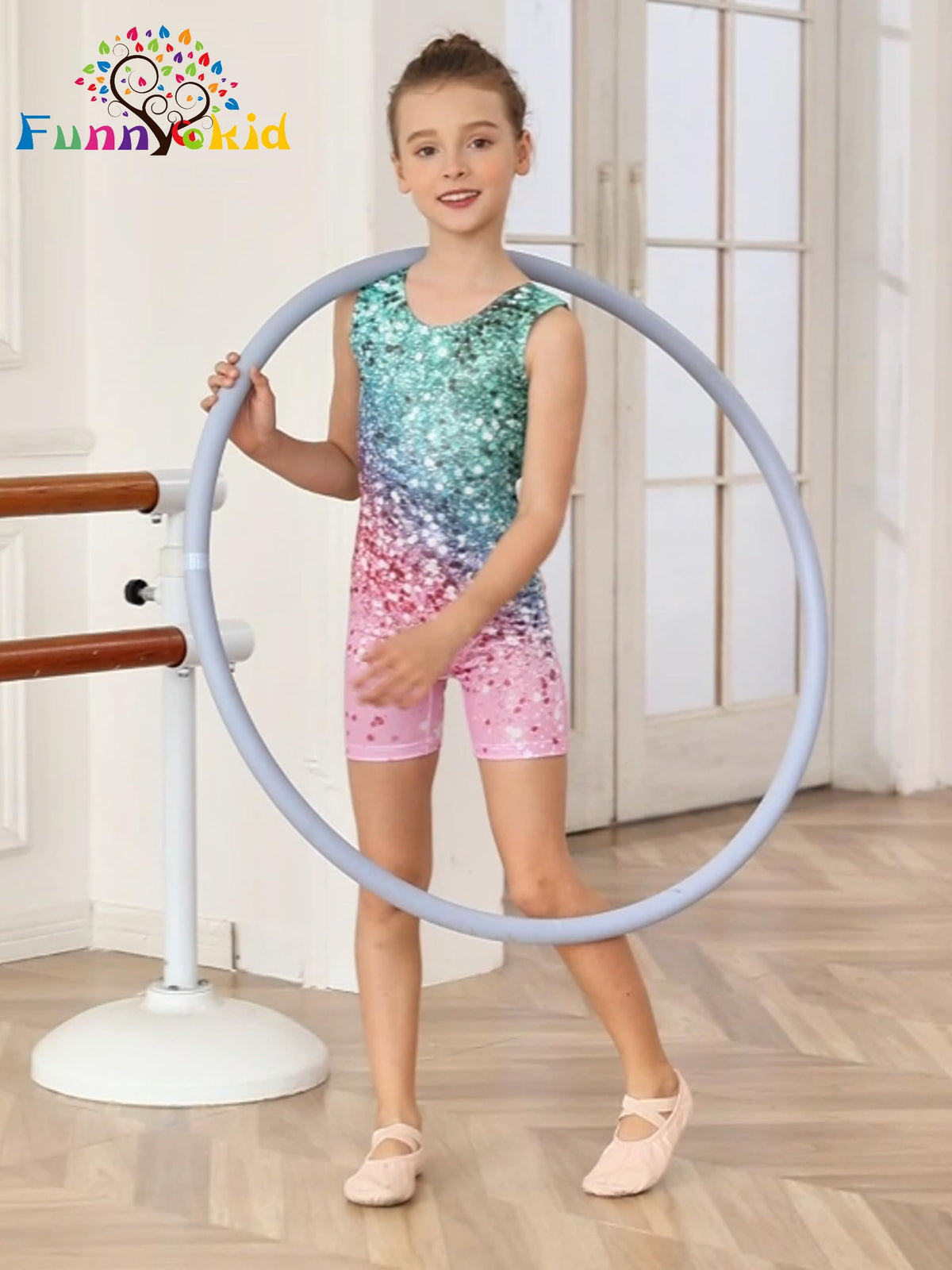 Funnycokid Gymnastics Leotards for Girls Dance Clothes Sparkly Outfits Unitard with Shorts, diamond 02, 7-8 Years