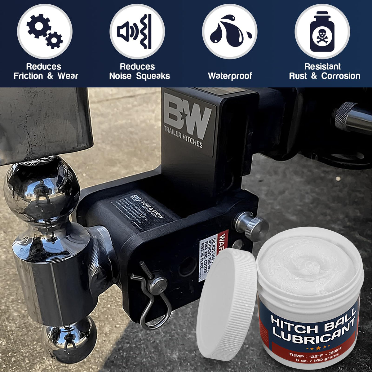 BTAS Trailer Hitch Ball Lubricant Waterproof Grease with PTFE 5oz,Reduces Friction & Wear & Noise on Tow Hitch Mount Balls,King Pins,Hitch Locks,Jacks,etc.