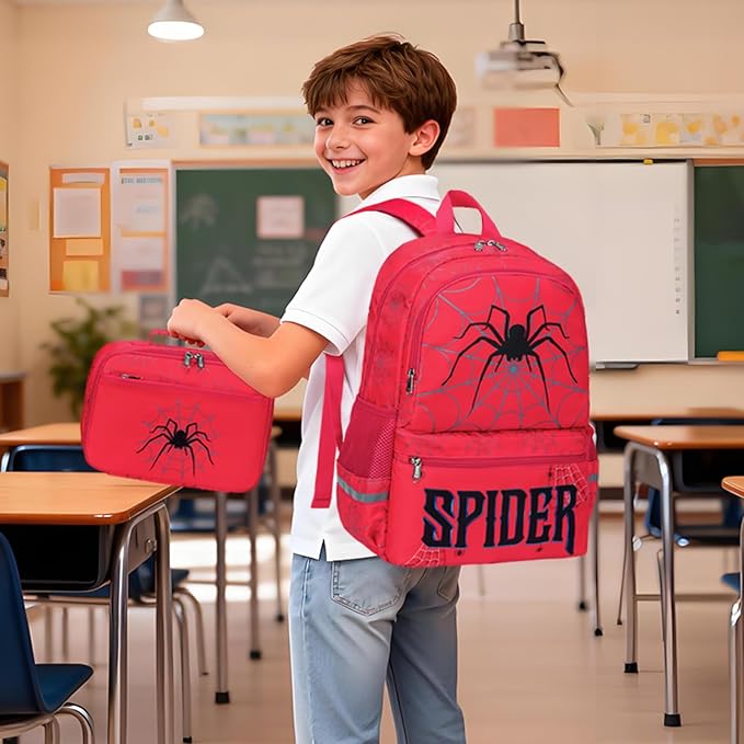 DSIUE Kids School Backpack Boys Spider Bookbag with Lunch Box Set, Kids Backpack for Kindergarten Elementary Middle School, Red