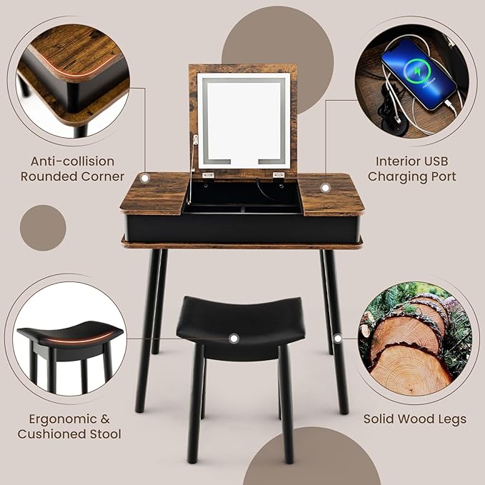 CHARMAID Vanity Desk with 3-Color Lighted Flip Top Mirror, 7 Storage Compartments, Side Organizers, USB Port, Makeup Dressing Table Set Writing Desk with Cushioned Stool, Easy Assembly, Rustic Brown