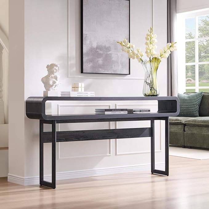 63-Inch Long Console Table, 31.5" Tall Modern Entryway Table with Open Storage Shelf, Curved Profile Design, Narrow Wood Sofa Table Behind Couch Table for Living Room, Hallway, Foyer, Dark Grey