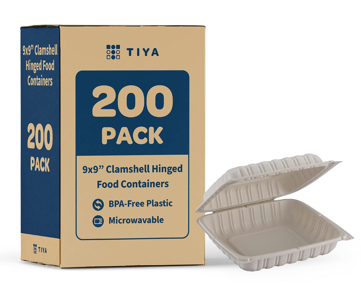 TIYA Clamshell Food Containers - White Bulk 200 Pack, 9x6 in - BPA-Free Mineral-Filled To-Go Containers - Reusable, Microwavable, Hinged, Tall Takeout Clamshells - Great for Meal Prep