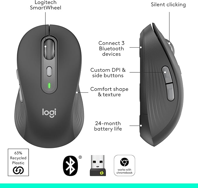 Logitech Signature Plus M750 L Wireless Mouse - for Large Hands, SmartWheel, Bluetooth, Multi Device, 24-Month Battery, Silent Clicks, Customizable Side Buttons, Contoured Shape - Graphite