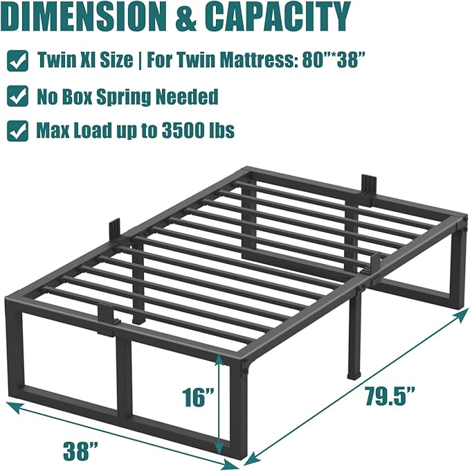 16 inch Twin XL Bed Frame,3500 lbs Heavy Duty Metal Platform,Steel Slats Support/No Box Spring Needed/Noise Free/Non-Slip/Easy Assembly