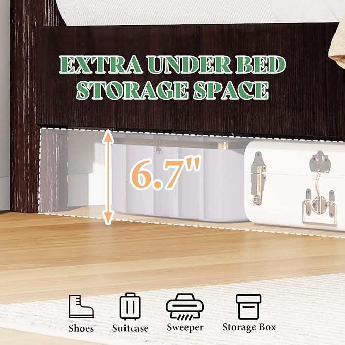 AMERLIFE Queen Size Bed Frame with 51.2" Spliced Headboard, Rustic Bedframe Wood Platform Bed/Wood Slats Support, No Box Spring Needed, Noiseless, Dark Brown