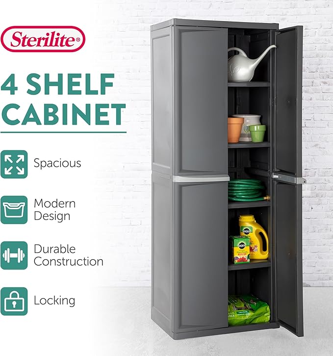 Sterilite 4 Shelf Plastic Storage Unit Bundled with Easy to Assemble Storage Cabinet for Garage, Pantry & Kitchen Organization, 4 Shelves, Gray