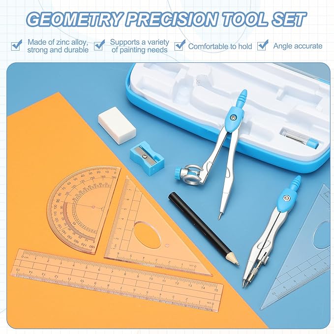 PATIKIL Geometry Precision Tool Set, 11 Pcs Geometry Set Compass Tool with Shatterproof Storage Box Rulers Math Compass Kit for Math Drafting Supplies, Blue(Style 1)
