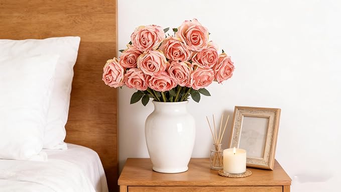 Kimura's Cabin 12pcs Pink Lifelike Artificial Roses Flowers with Stem Faux Silk Rose Bouquet Dried Roses Fake Flowers for Valentines Day Home Centerpiece Wedding Party DIY Decoration (Light Pink)