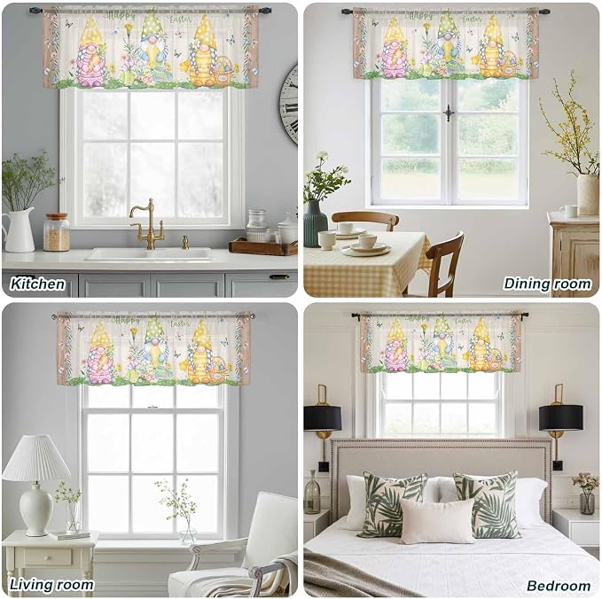 Easter Sheer Valances for Windows 42"x18", Light Filtering Kitchen Curtains