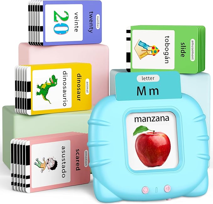 Spanish English Bilingual Learning Toys, ABC Talking Flash Cards with 520 Sight Words, Autism Pocket Speech Toys, Toddler Toys for 2 3 4 5 6 Year Old, Valentine's Day Birthday Gift, Blue