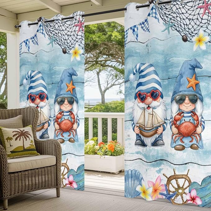Ocean Gnome Outdoor Curtains for Patio Summer Marine Plumeria Shell Wood Blue