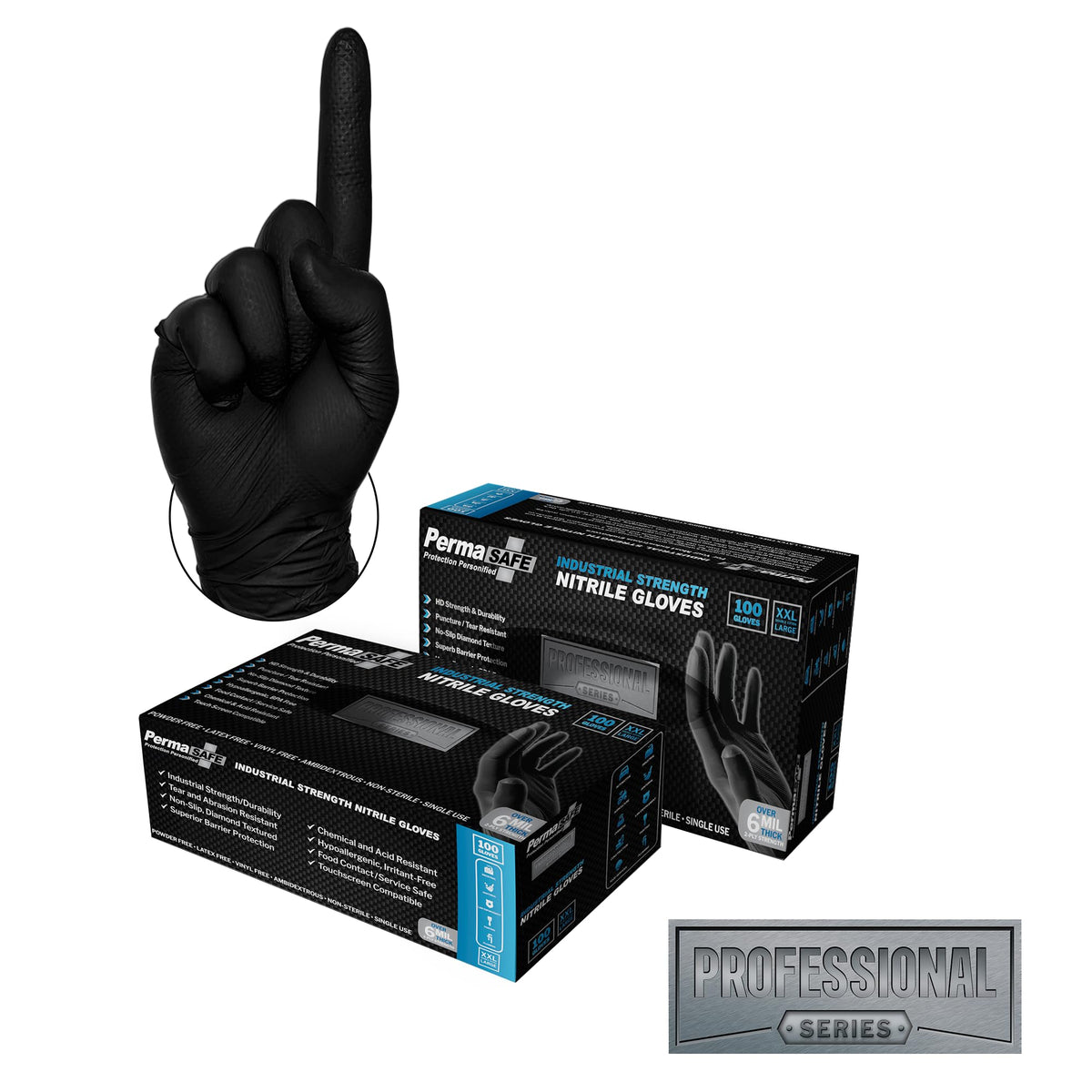 PermaSafe Black Nitrile Gloves | Heavy Duty 6+ Mil Industrial Grade Protection | Powder and Latex-Free Nitrile Disposable Gloves with Raised Textured Grip | Ideal for Mechanics, Other HD Uses & More