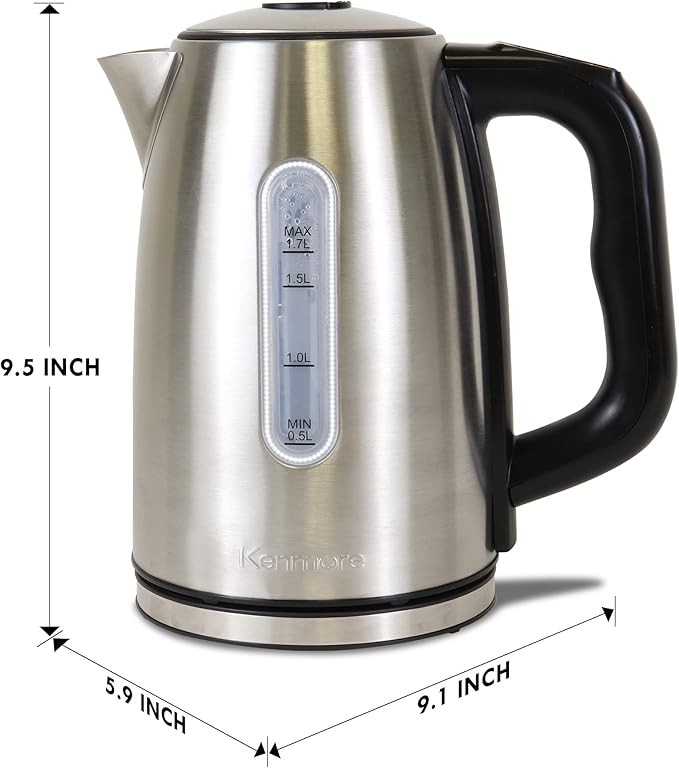 Kenmore 1.7L Cordless Electric Kettle w/ 6 Temperature Pre-Sets, Stainless Steel Teakettle w/LED light, Auto Shut-Off, Keep Warm, Boil-Dry Protection, Silver