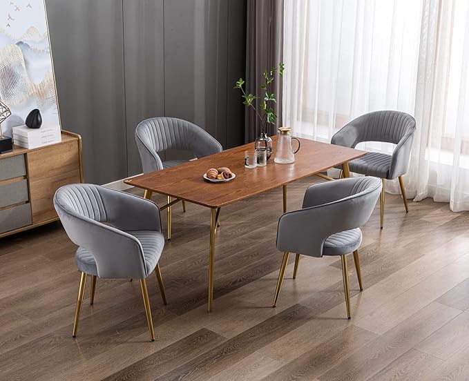 Modern Velvet Dining Chairs Set of 6, Upholstered Gold Dining Room Chairs with Hollow Back and Gold Legs, Accent Armrest Kitchen Chairs for Living Room Reception Grey