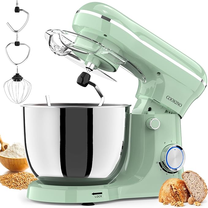 SAMSAIMO 3-IN-1 Electric Stand Mixer, 10-Speed With Pulse Button, Attachments include 5.5QT Bowl, Dough Hook, Beater, Whisk for Most Home Cooks (Agave Green)