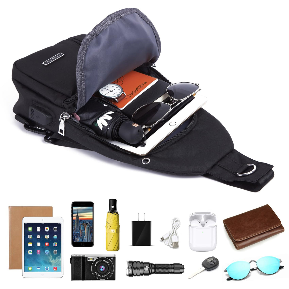 Seoky Rop Small Sling Bag for Men Women One Strap Shoulder Crossbody Backpack with USB Charging Port for Hiking Cycling Travel Black