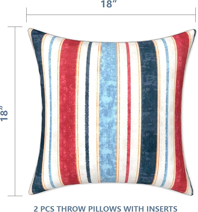 LVTXIII Outdoor Throw Pillows 18x18 Patio Waterproof Square Pillows with Piping Fade Resistant Accent Pillow for Spring Summer Garden Decoration, Set of 2, Stripe Red Blue